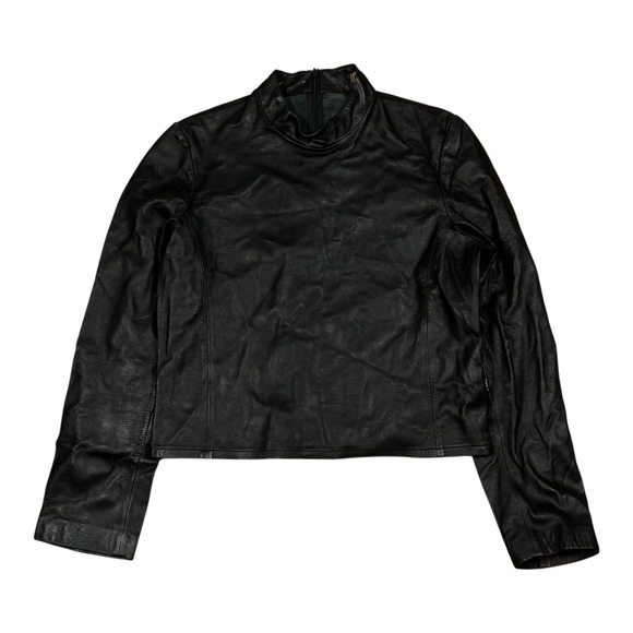 Rem Garson Women's Sz L‎ 100% Soft Leather Back & Side Zip Mock Neck Black Top - Picture 1 of 12
